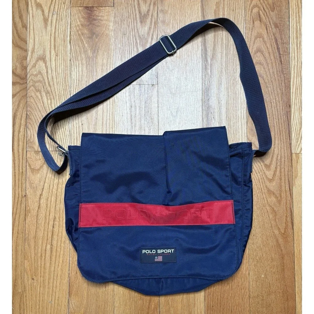 Vintage Polo Sport Ralph Lauren Messenger Bag Red Nylon USA Flag Crossbody 90s
